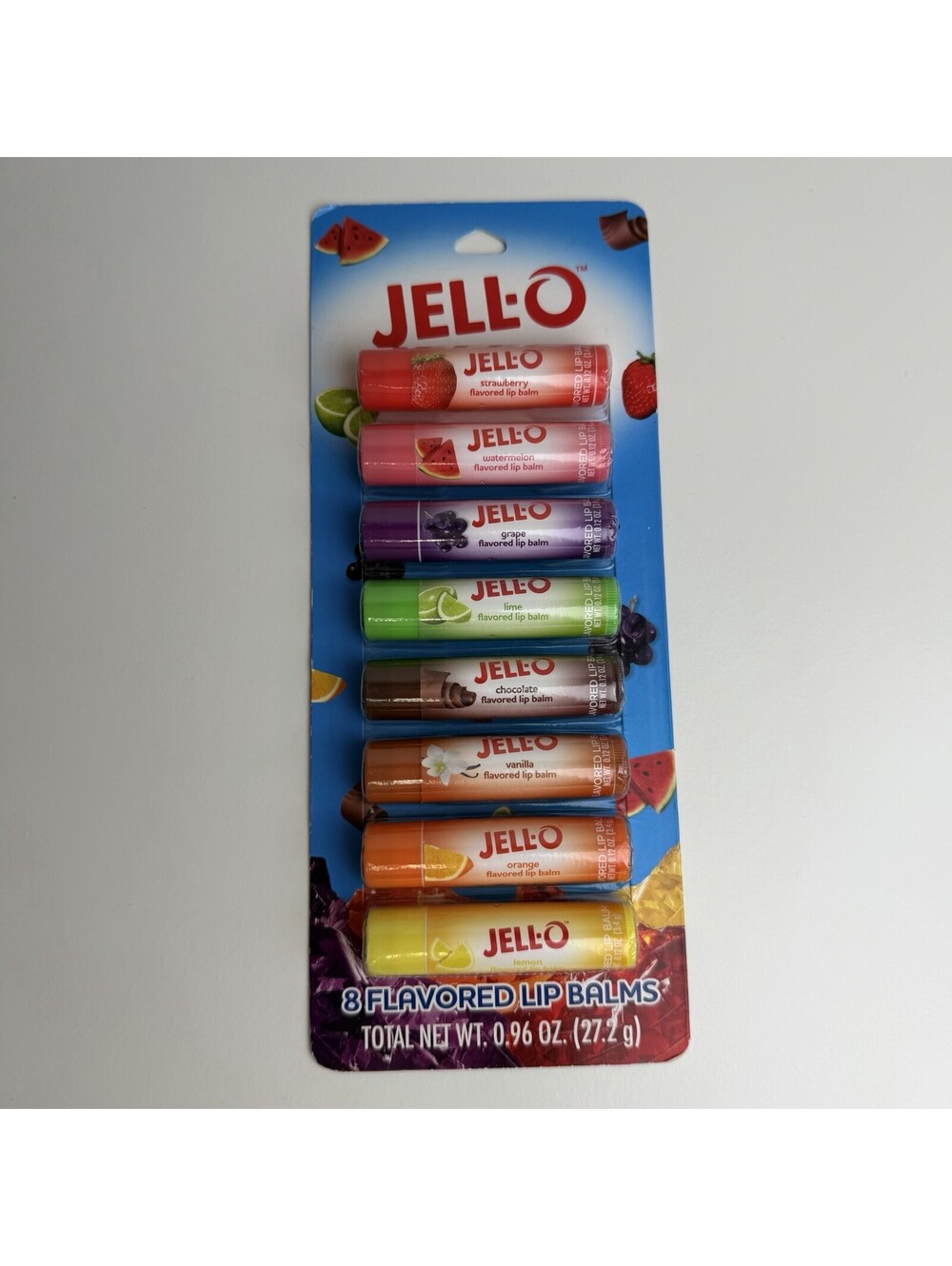 Jell-O 8 Pack Flavored Lip Balms Strawberry Watermelon Grape Lime Chocolate NIP